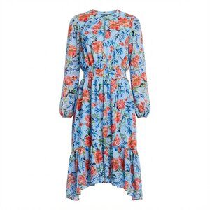 T Tahari Long Sleeve Smocked Waist Midi Dress – London Floral Print, Size